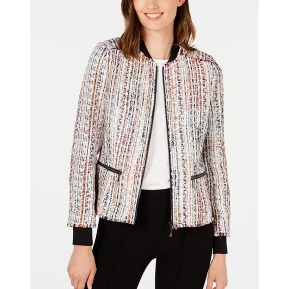 Elie Tahari Brooke Long Sleeve Multicolor Tweed Bomber Jacket Womens Size Medium